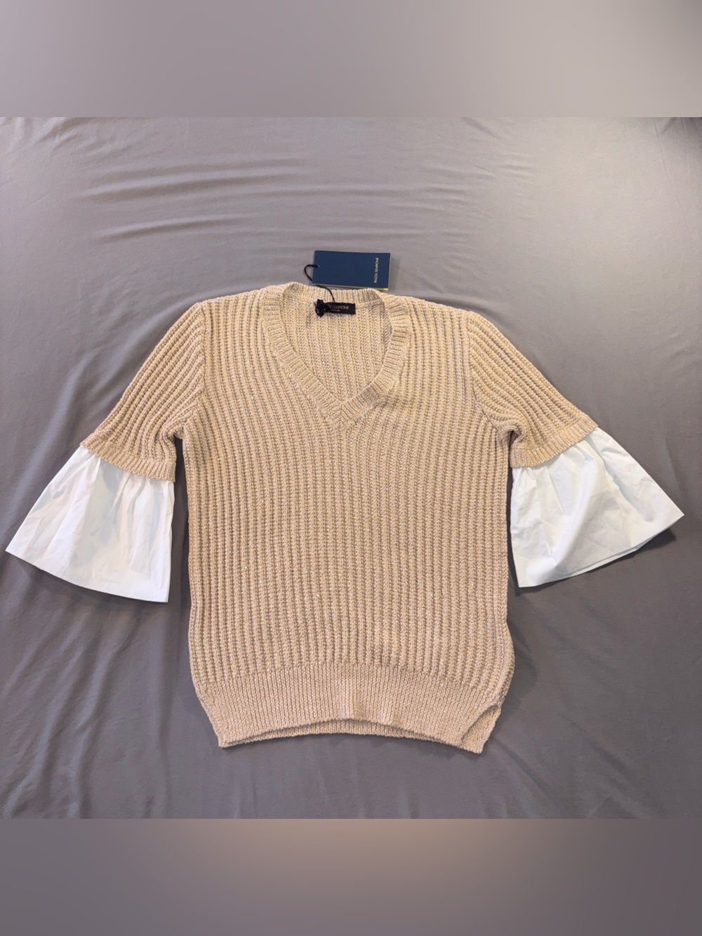 Piazza Sempione Sweater NWT Sz 42 US 10 Tan White Sparkles Made Italy Cotton